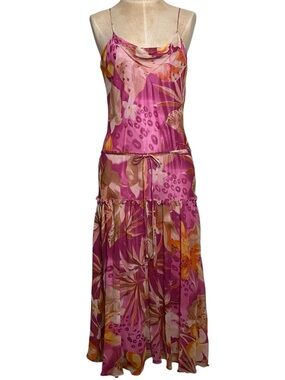 Y2K Silk Floral Bias Cut Slip Dress Pink Cowl Neck Newport News Vintage Midi 4